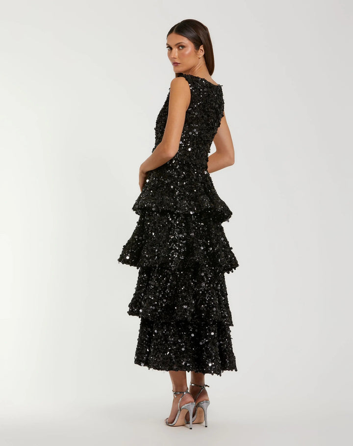 Mac Duggal 27733 Black Sequin Ruffle Midi Dress with Belt