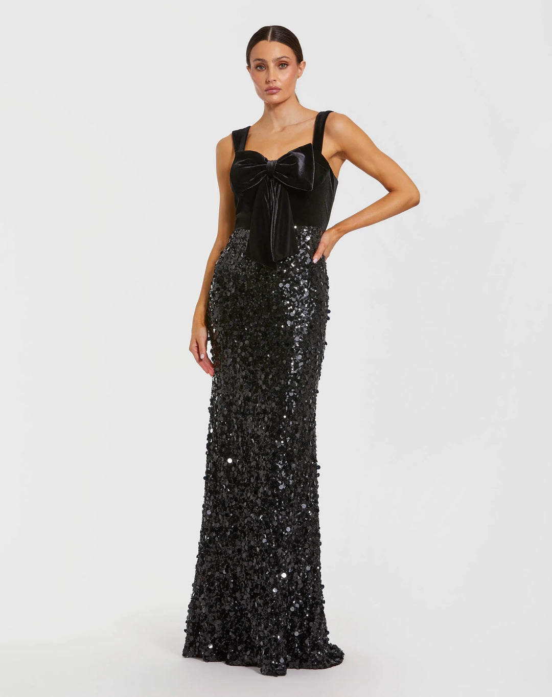 Mac Duggal 27738 Black Sleeveless Sequin Column Gown With Velvet Bow