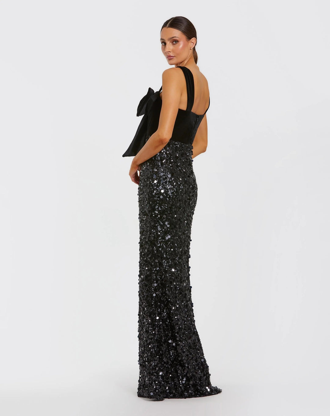 Mac Duggal 27738 Black Sleeveless Sequin Column Gown With Velvet Bow