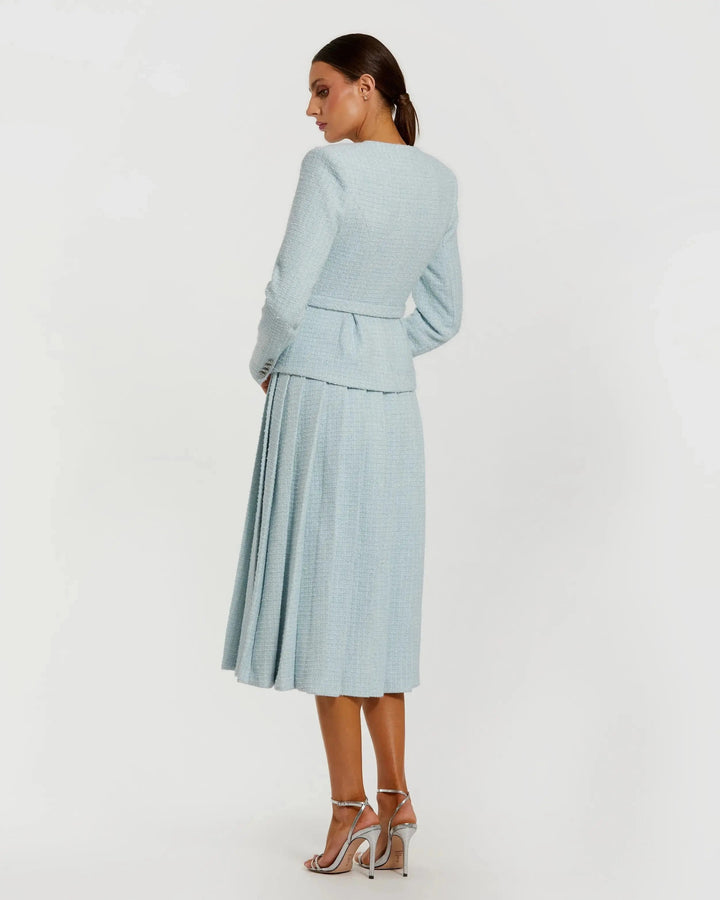 Mac Duggal 27751 Boucle Long Sleeve V Neck Midi Dress With Buttons