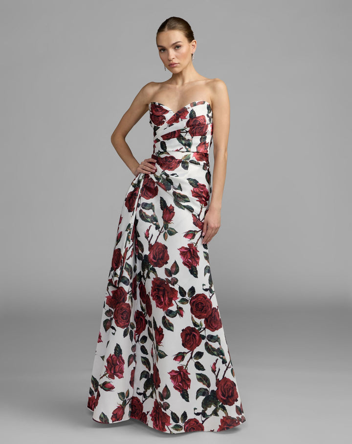 Mac Duggal 27775 Floral Strapless Satin Gown With Bow