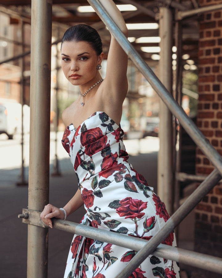 Mac Duggal 27775 Floral Strapless Satin Gown With Bow
