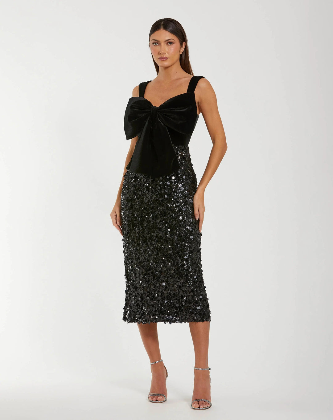 Mac Duggal 27777 Black Sleeveless Sequin Midi Dress With Velvet Bow