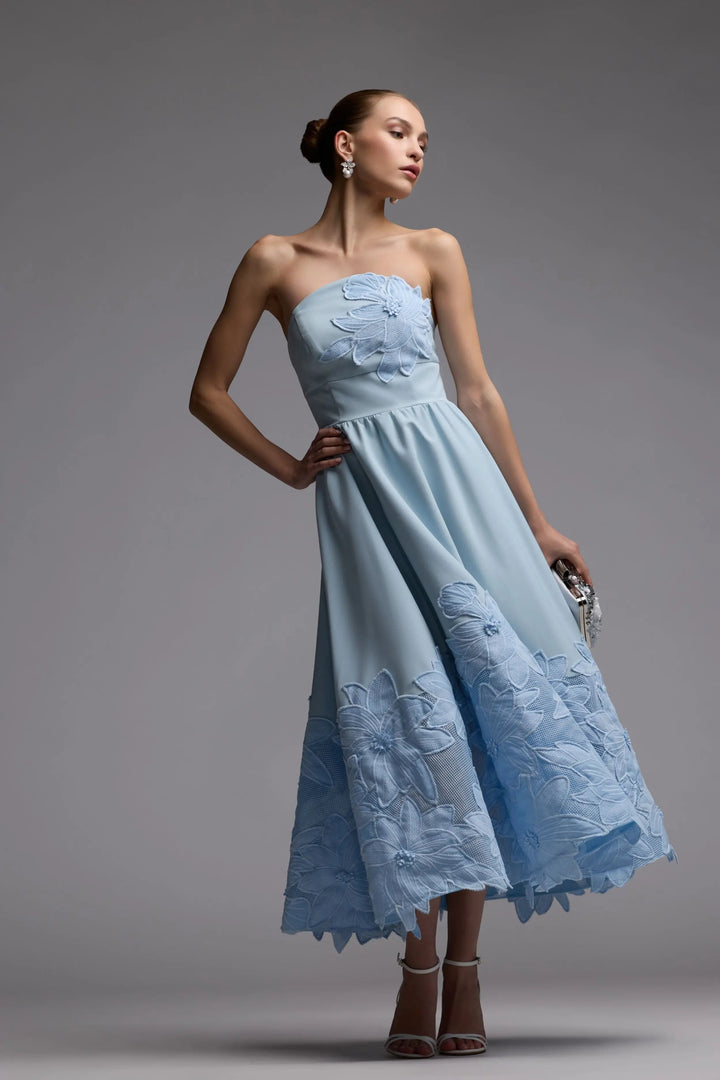 Blue Strapless Floral Appliqué Midi Dress - FOSTANI.com