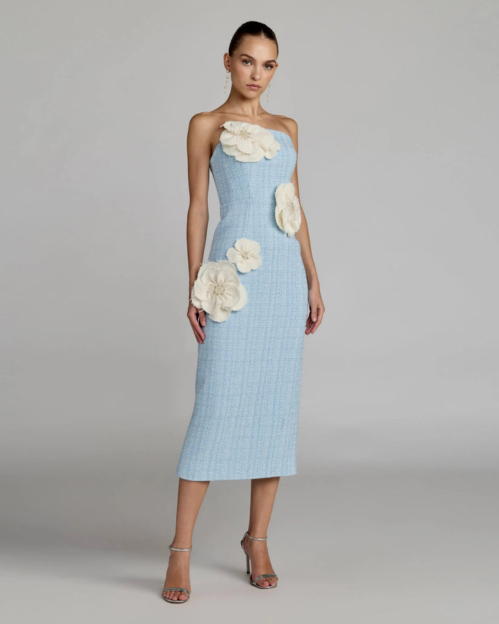 Blue Boucle Strapless 3D Floral Midi Dress - FOSTANI.com
