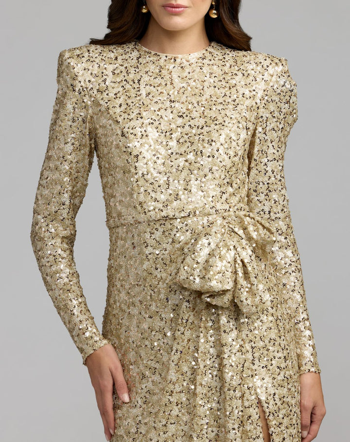 Mac Duggal 27852 Long Sleeve Sequin Gown With Bow