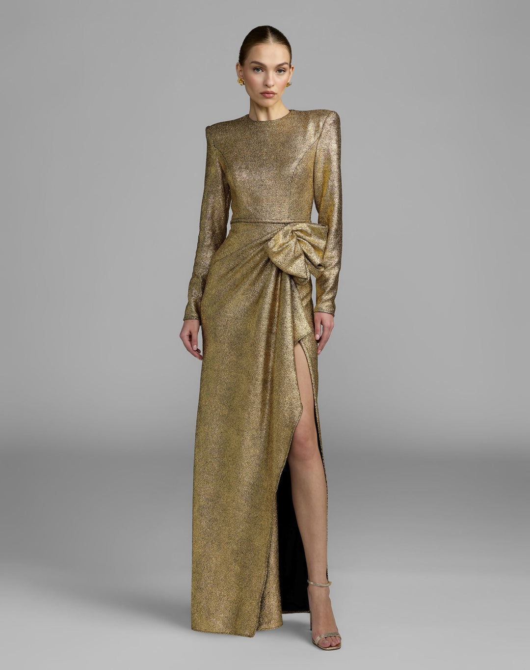 Mac Duggal 27853 Metallic Long Sleeve Structured Bow Draped Gown