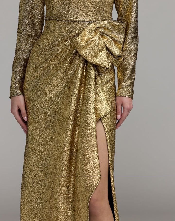 Mac Duggal 27853 Metallic Long Sleeve Structured Bow Draped Gown