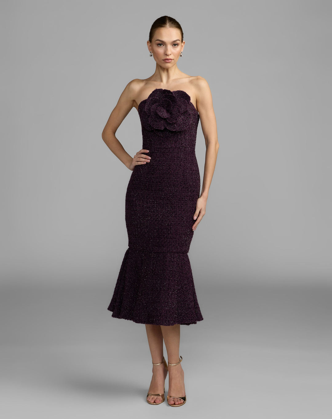 Mac Duggal 27869 Boucle Strapless Midi Dress With 3D Flower