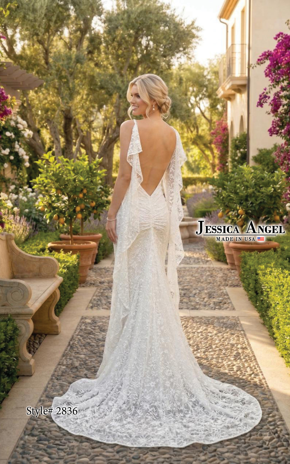 Jessica Angel 2836 V-neck lace gown with slit back view