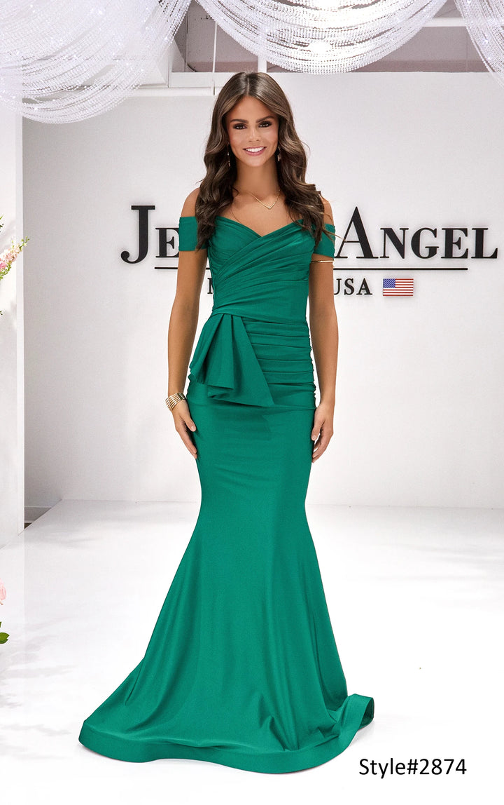 Jessica Angel 2874 peplum drape mermaid gown front view 2