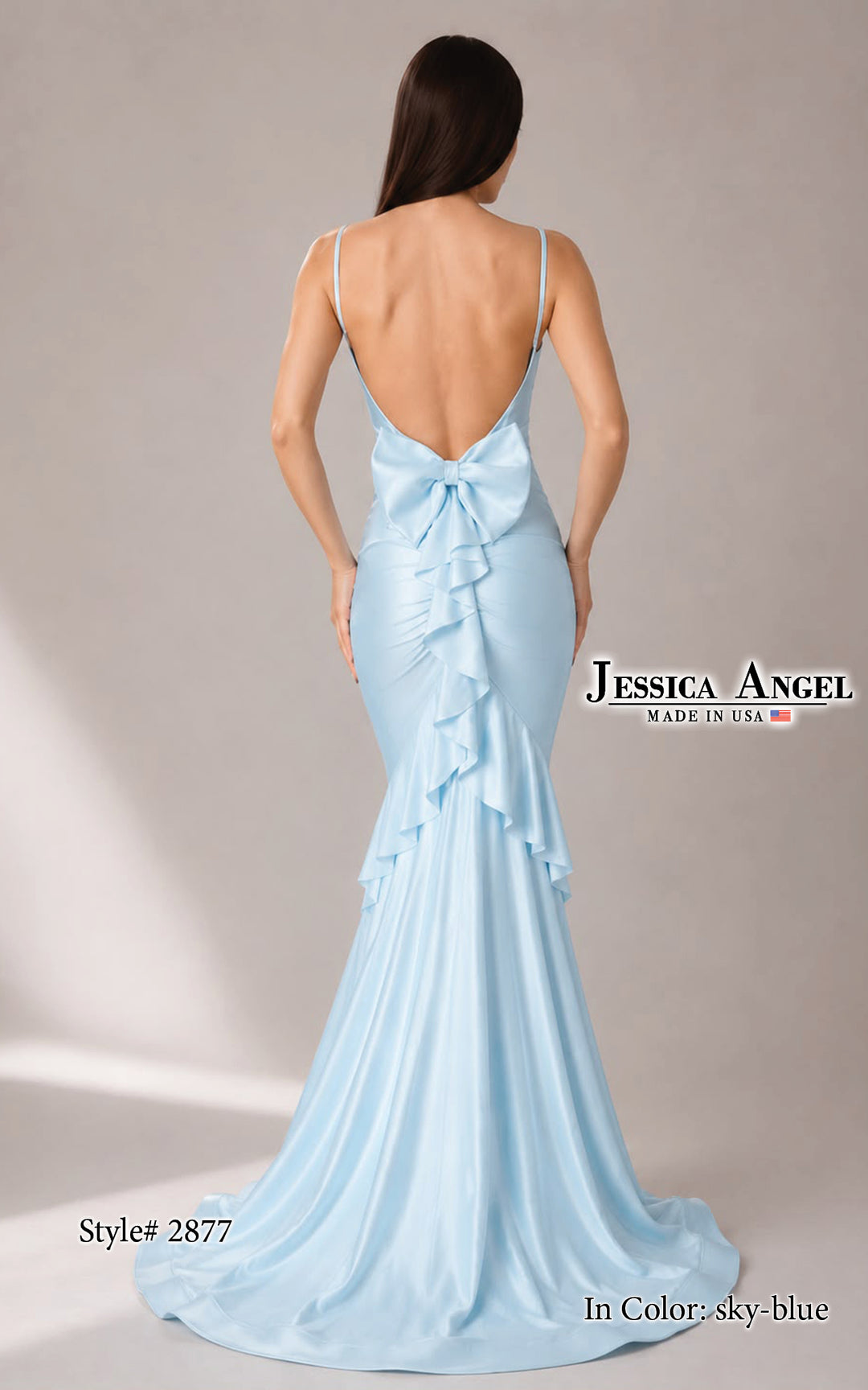 Jessica Angel 2877 bow ruffle back mermaid gown back view
