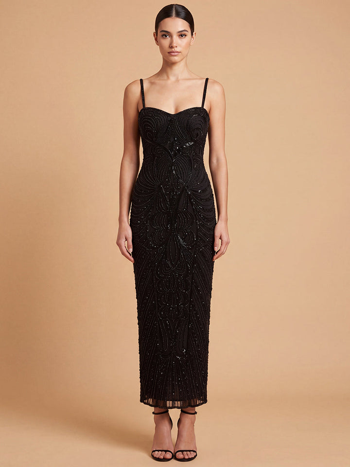 Lara 28831 Beaded Midi Dress with Spaghetti Straps