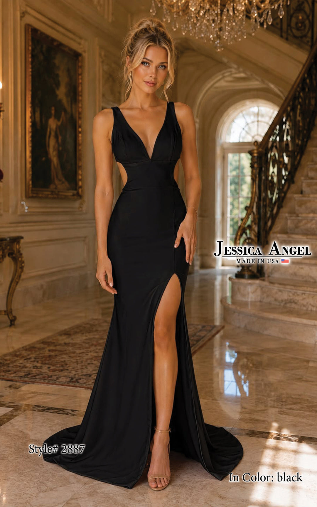 Jessica Angel 2887 V-neck slit gown front view 4