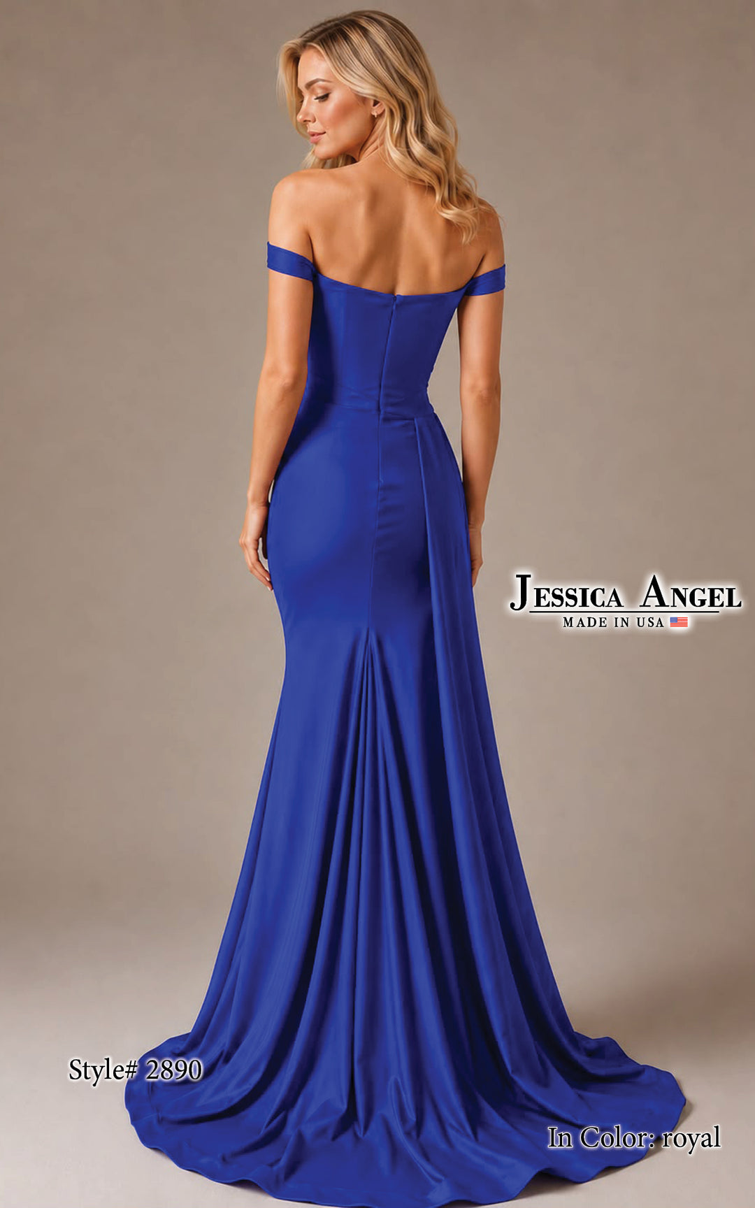 Jessica Angel 2890 off shoulder ruched gown back view