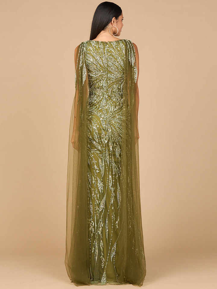 Lara 28963 V-neck gown with long cape sleeves, back view