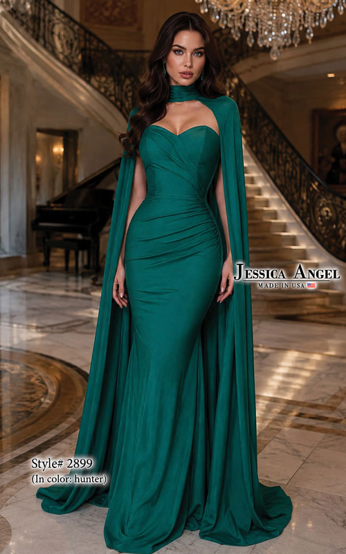 Jessica Angel 2899 strapless mermaid gown with choker cape front view