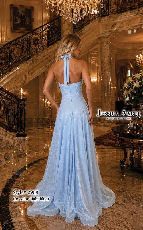 Jessica Angel 2908 halter glitter mesh A-line gown back view