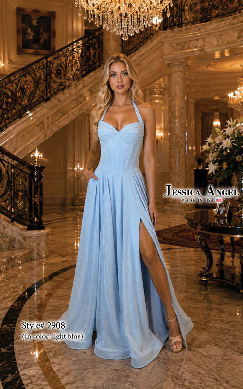 Jessica Angel 2908 halter glitter mesh A-line gown front view