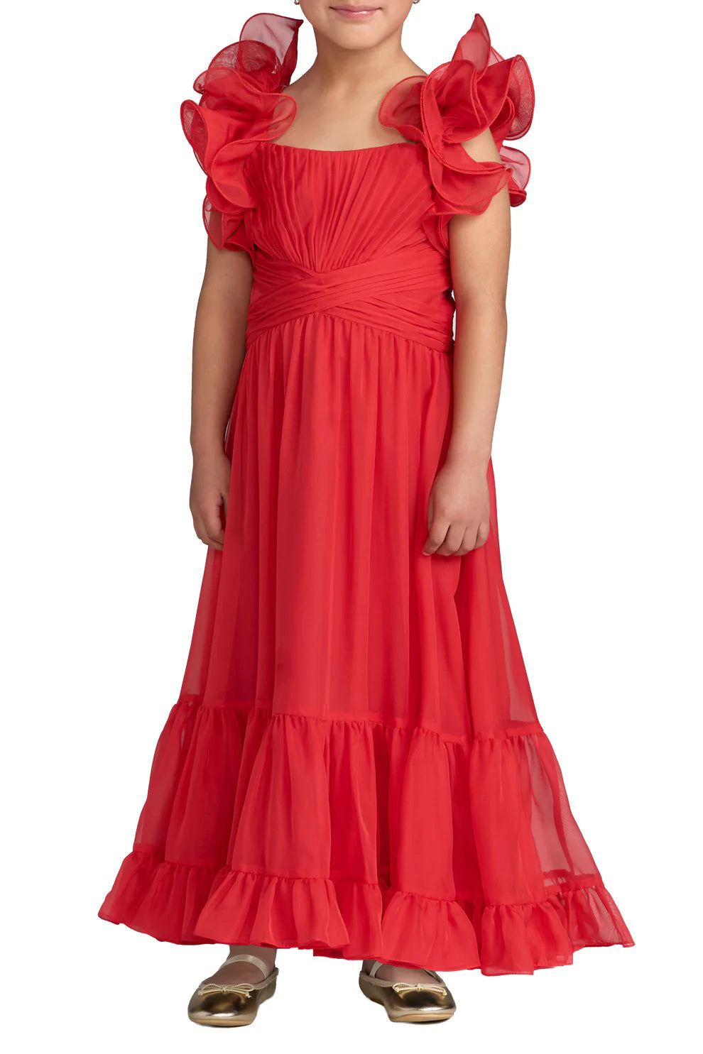 Mac Duggal 68669 Girls Floral Chiffon Ruffle Shoulder Dress