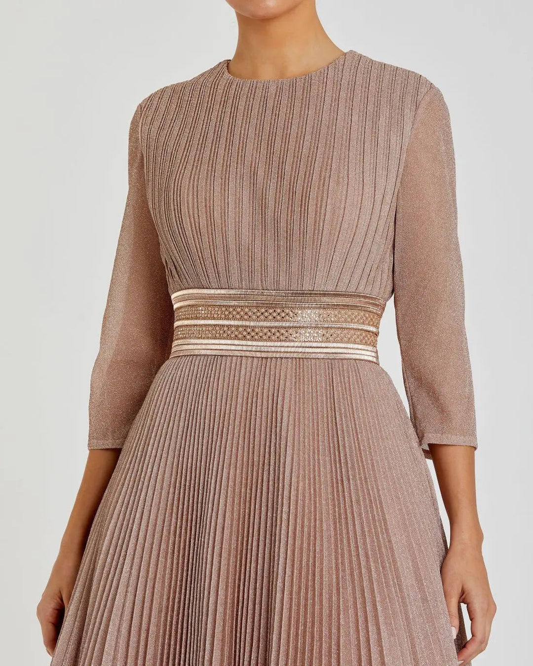 Pink Shimmering Pleated  3/4 Sleeve Ball Gown - FOSTANI.com