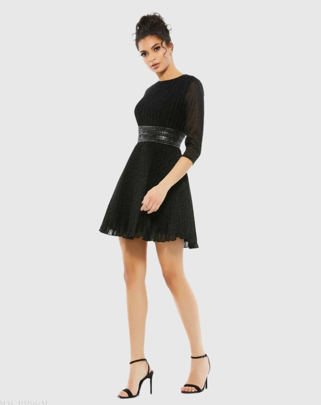Mac Duggal 30749 Shimmer Pleated High Neck Mini Dress with Embellished Waist
