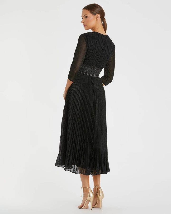 Mac Duggal 30750 Black Shimmering 3/4 Sleeve A-Line Midi Dress
