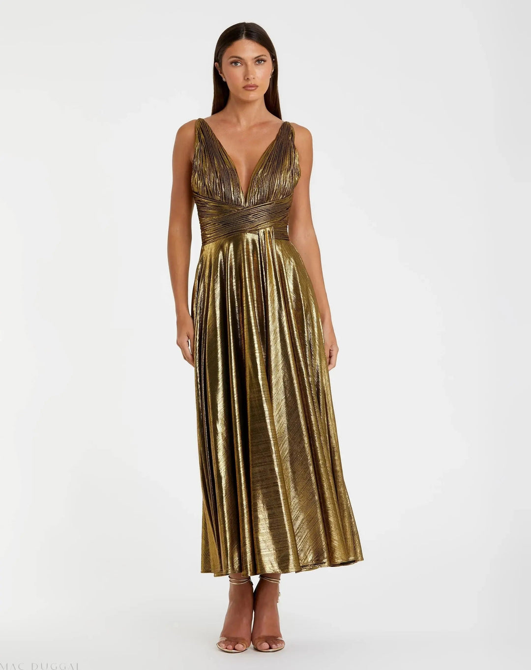 Mac Duggal 30761 Gold Sleeveless V Neck Pleated Top Metallic Dress
