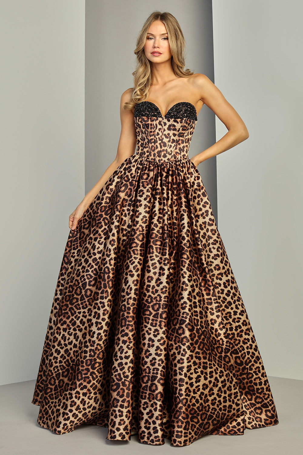 Adora 3421 leopard print strapless ballgown prom dress front view
