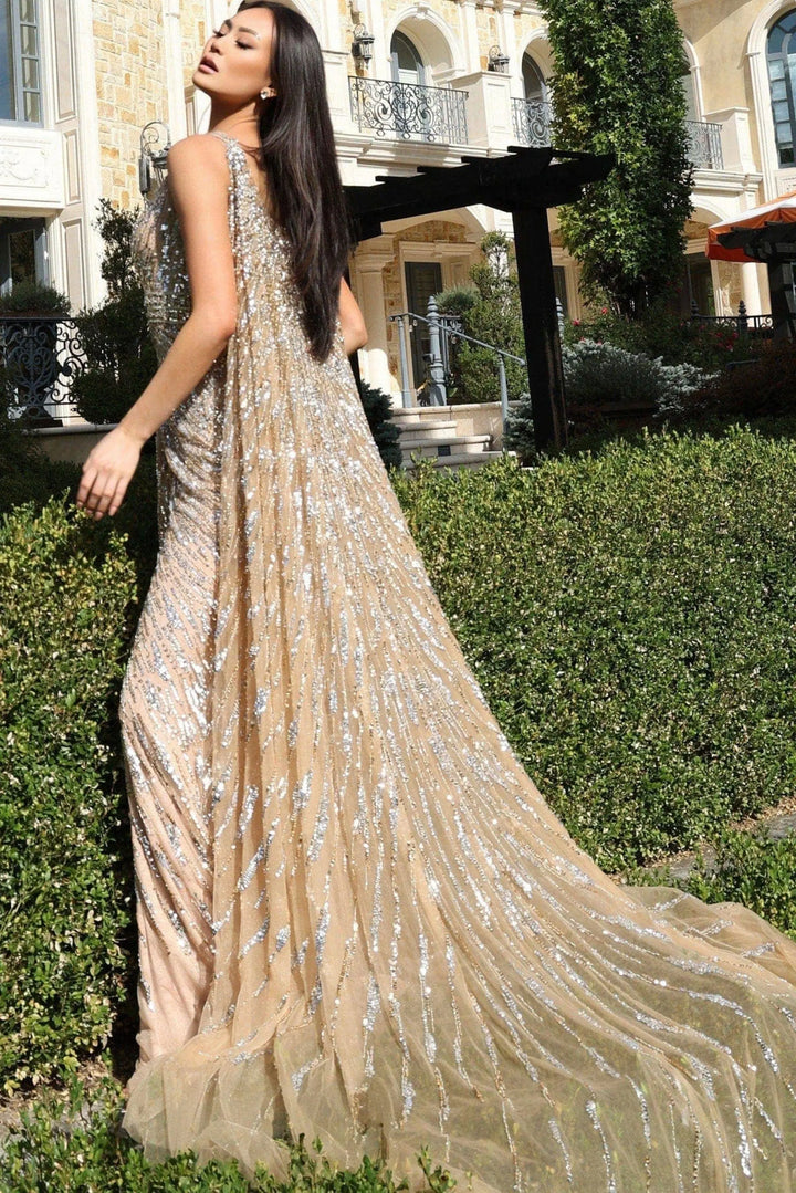 Jovani 36358 beaded evening gown with sheer detachable cape view 2