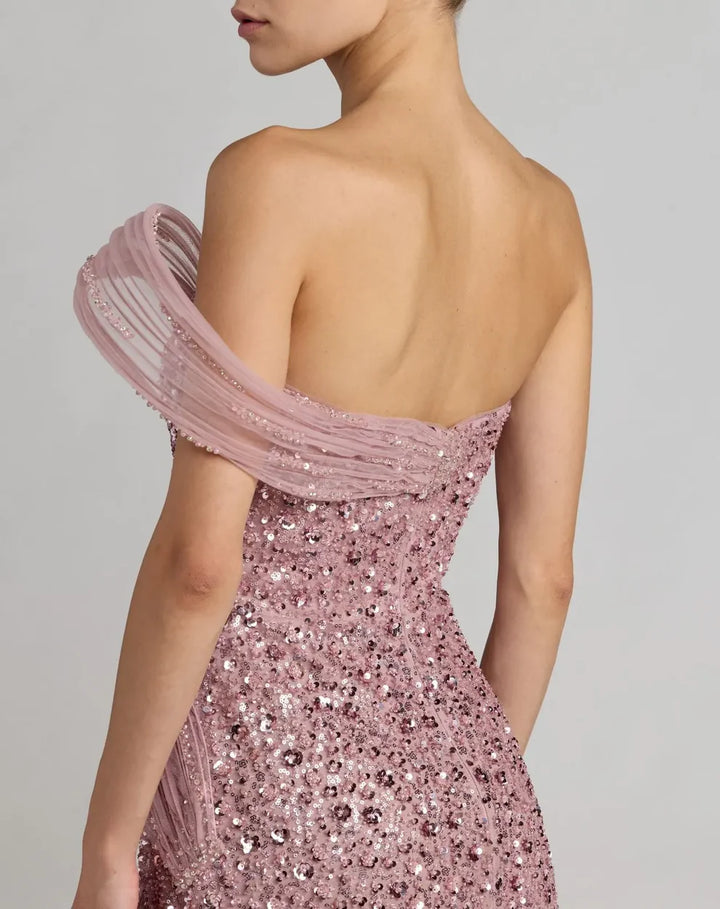 Mac Duggal 9937085P Petite Embellished Strapless Gown With Sculptural Drape