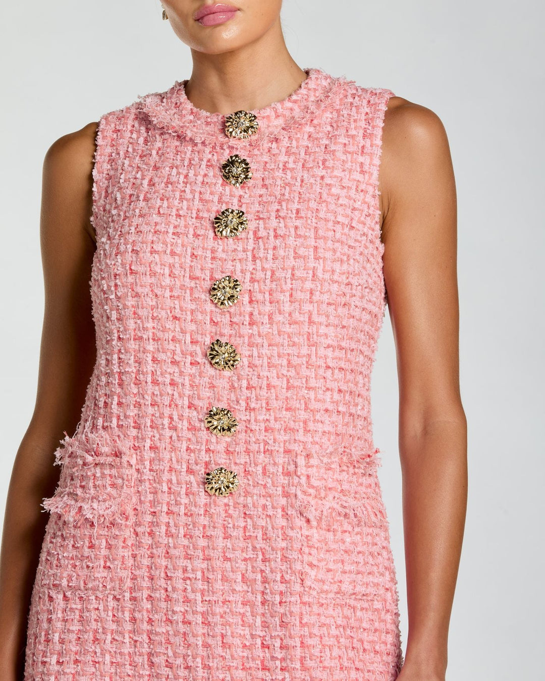 Pink Boucle Sleeveless Mini Dress with Gold Buttons - FOSTANI.com