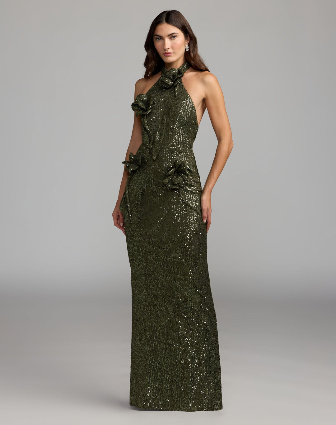 Mac Duggal 37156 Halter Neck Sequin 3D Flower Column Gown