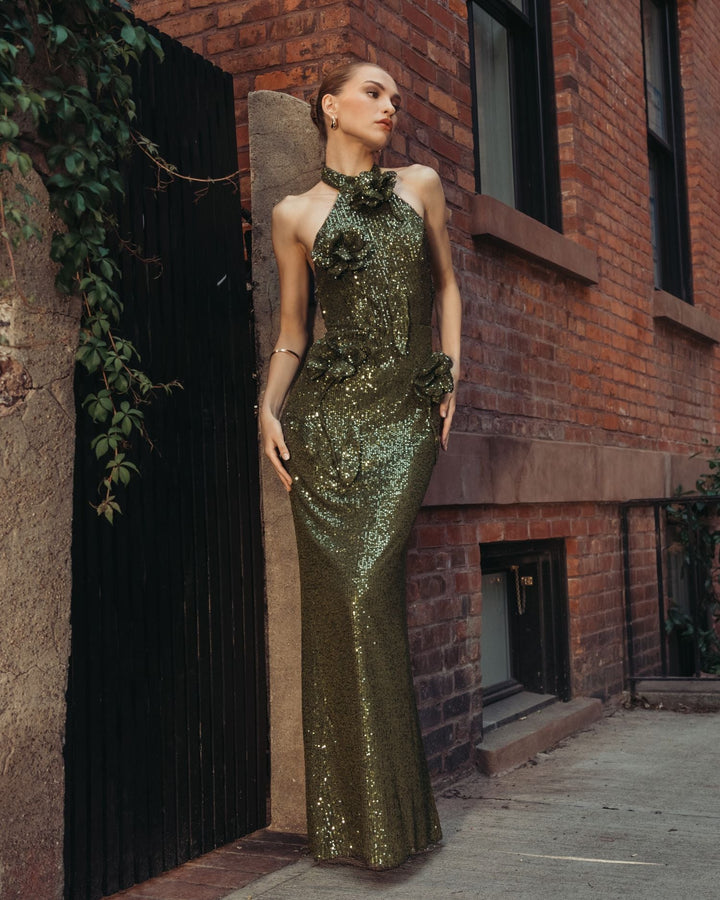 Mac Duggal 37156 Halter Neck Sequin 3D Flower Column Gown