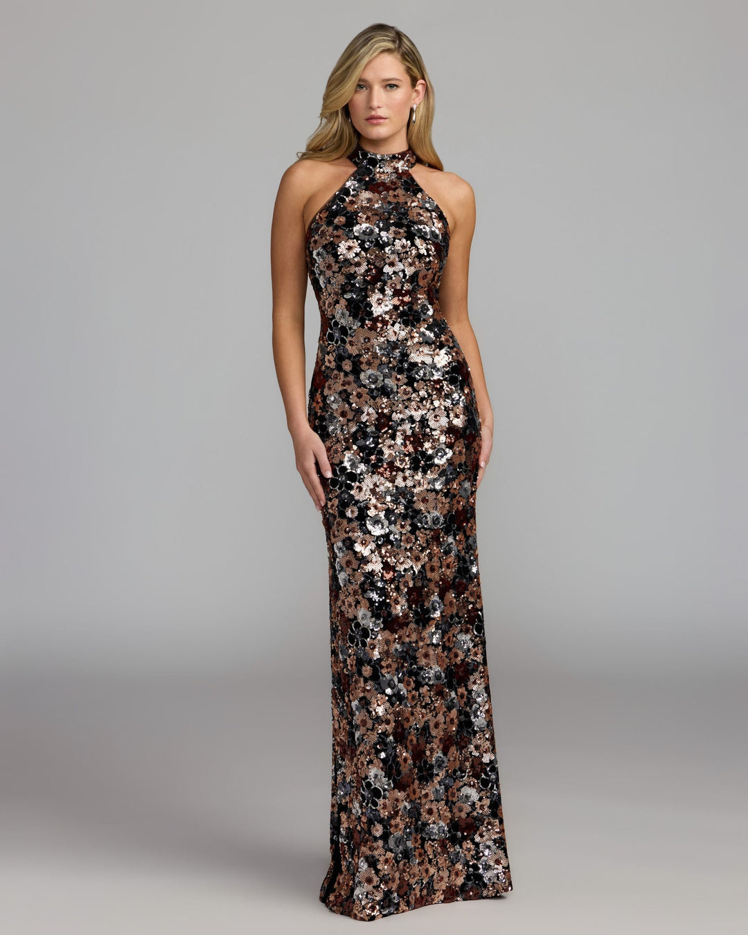 Mac Duggal 37167 Floral Sequin Velvet Halter Gown