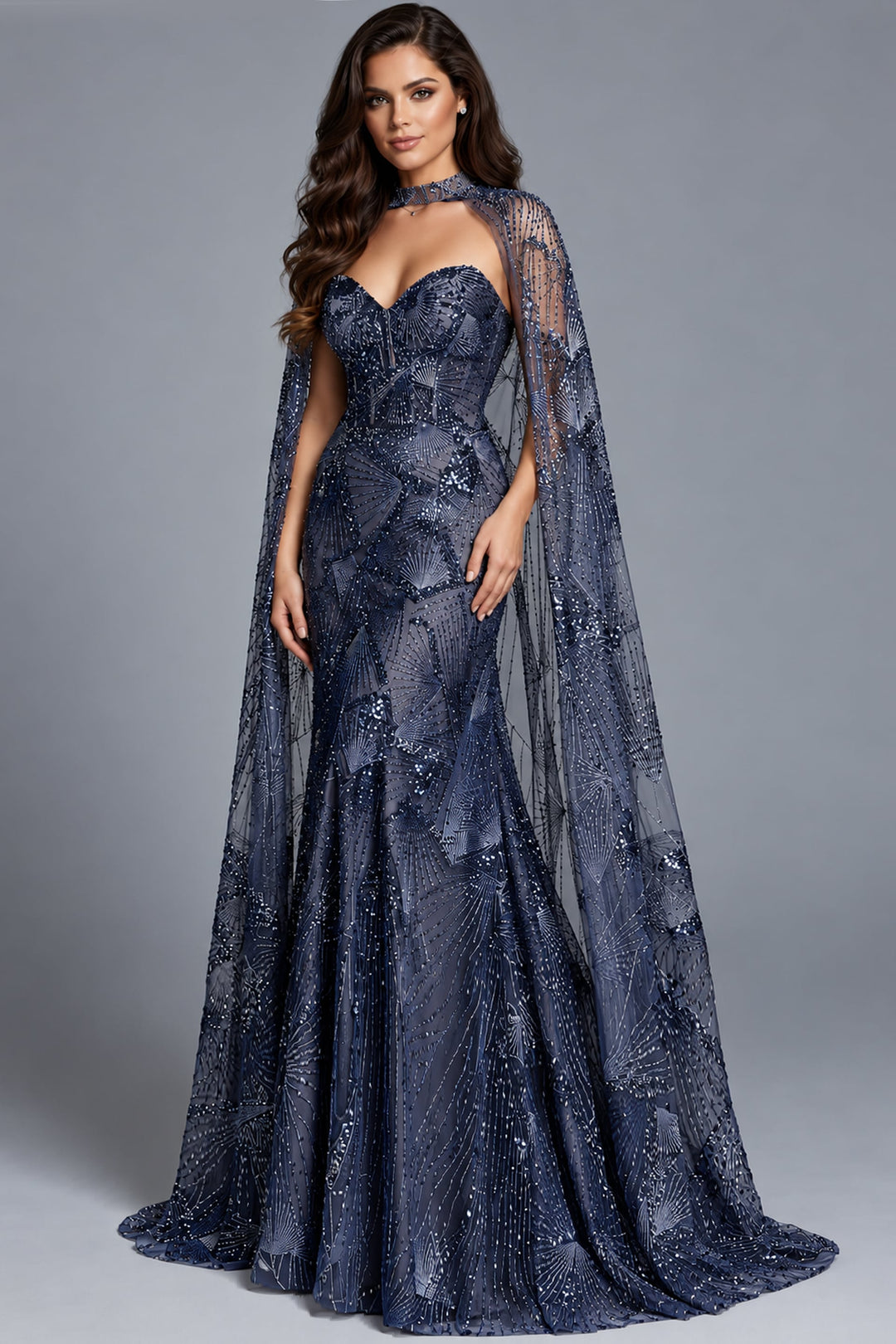 Jovani 39214 Strapless Beaded Cape Mermaid Gown full-length view