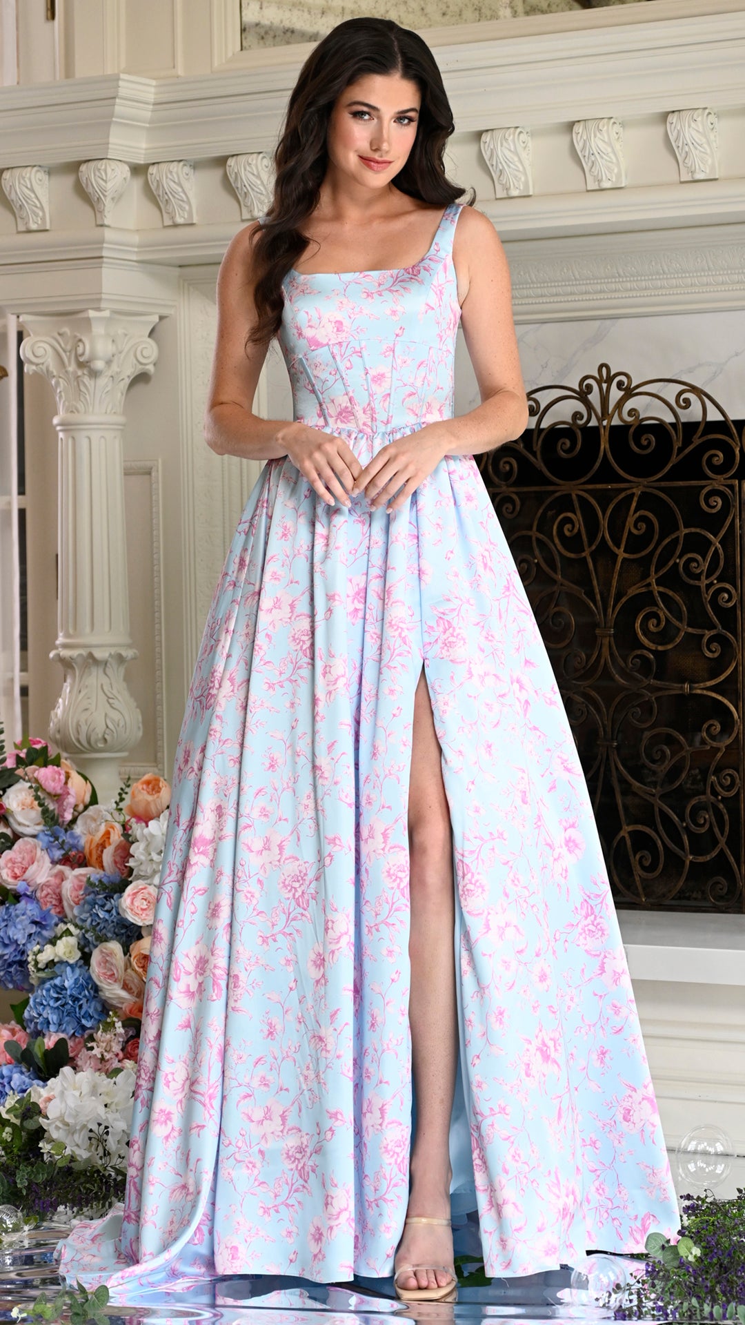 Colors Dress 3996 square-neck floral ball gown front view