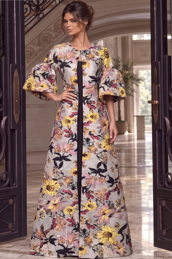 Jovani 42650 floral jacquard bell sleeve maxi gown front view