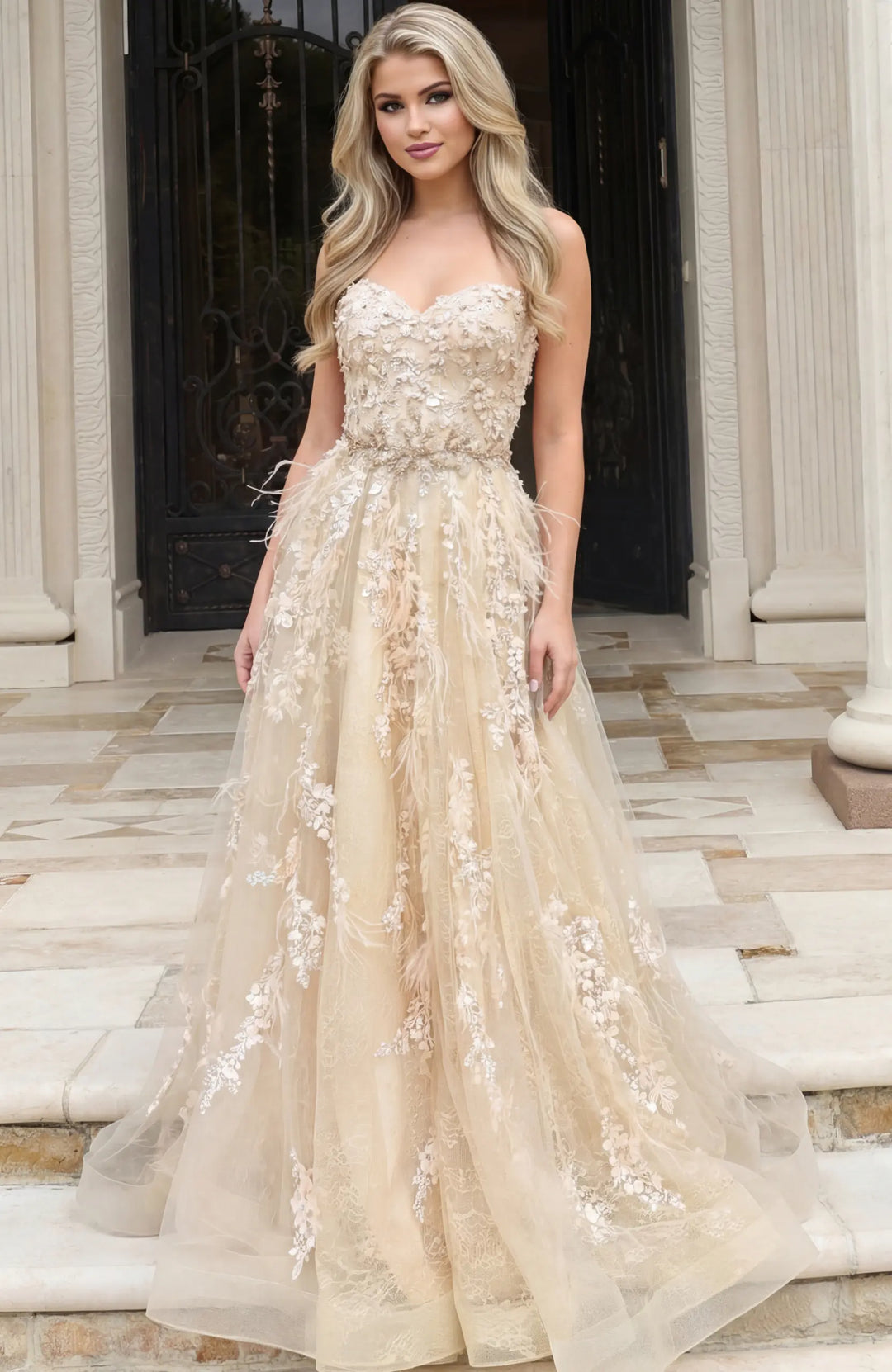 Jovani 43237 sweetheart floral appliqué A-line evening gown front view