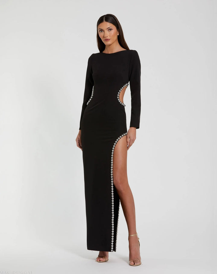Mac Duggal 44049 Crepe Long Sleeve Gown With Beaded Cut Outs