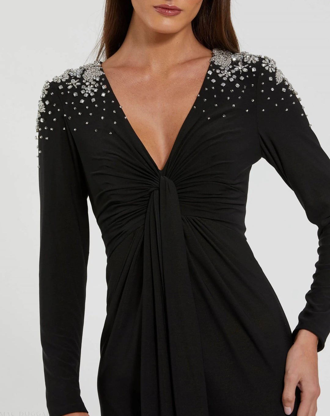 Mac Duggal 44063 Jersey V-Neck Faux Knot Gown with Beaded Shoulders