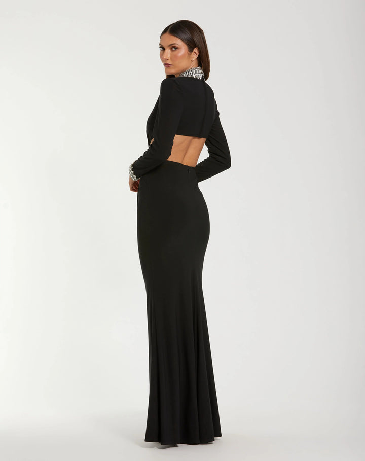 Mac Duggal 44155 Black Embellished Jersey Long Sleeve Cut Out Evening Gown
