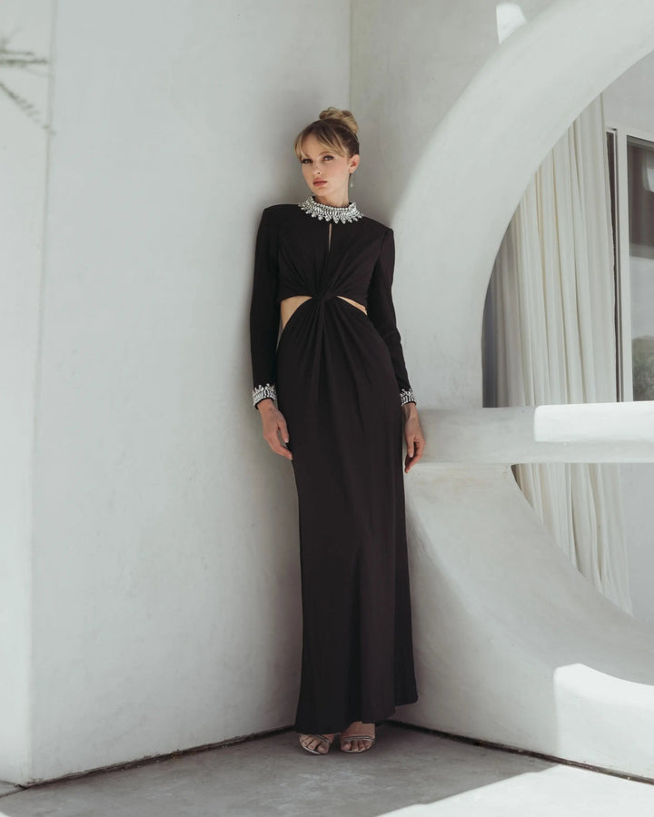 Mac Duggal 44155 Black Embellished Jersey Long Sleeve Cut Out Evening Gown