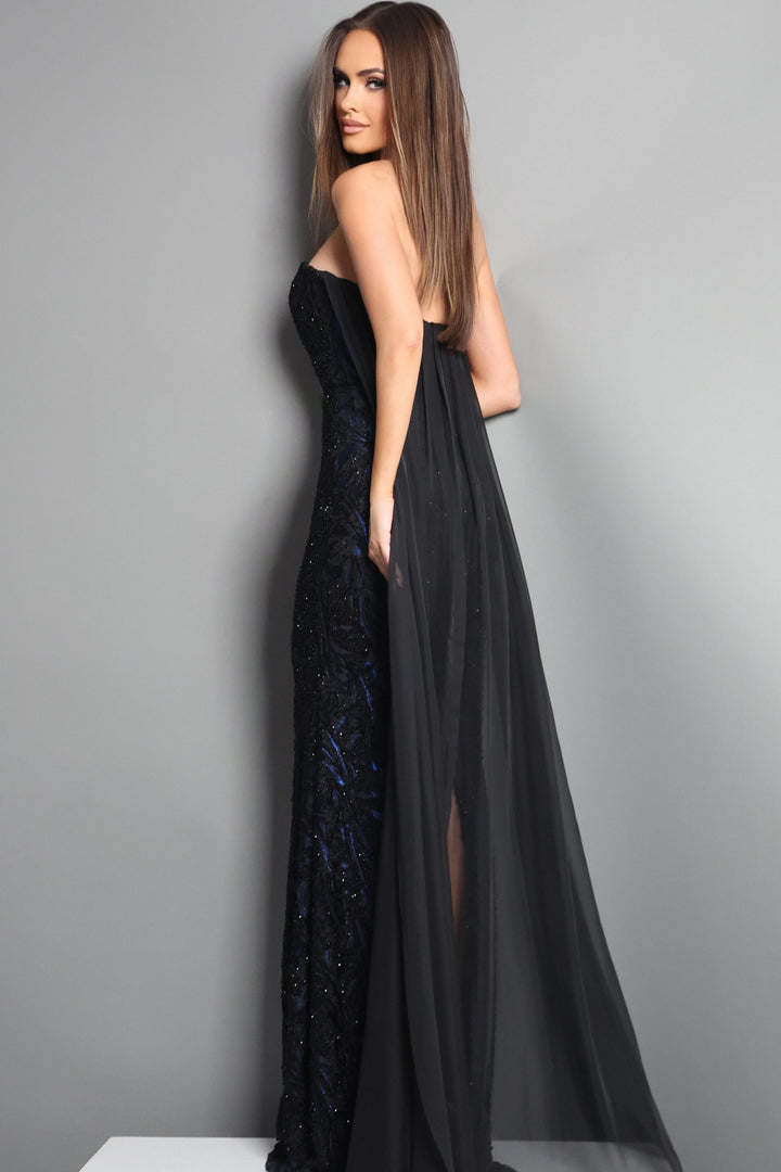 Jovani 45306 Strapless Embellished Sheer Panel Train Column Gown