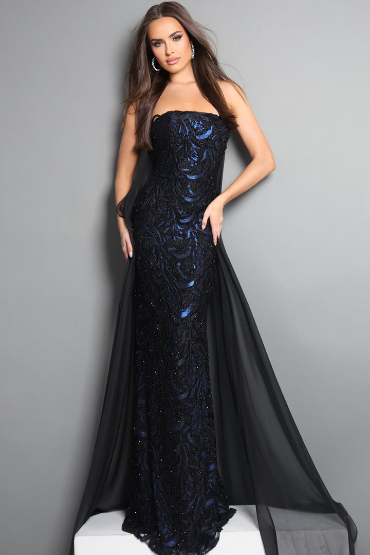 Jovani 45306 Strapless Embellished Sheer Panel Train Column Gown