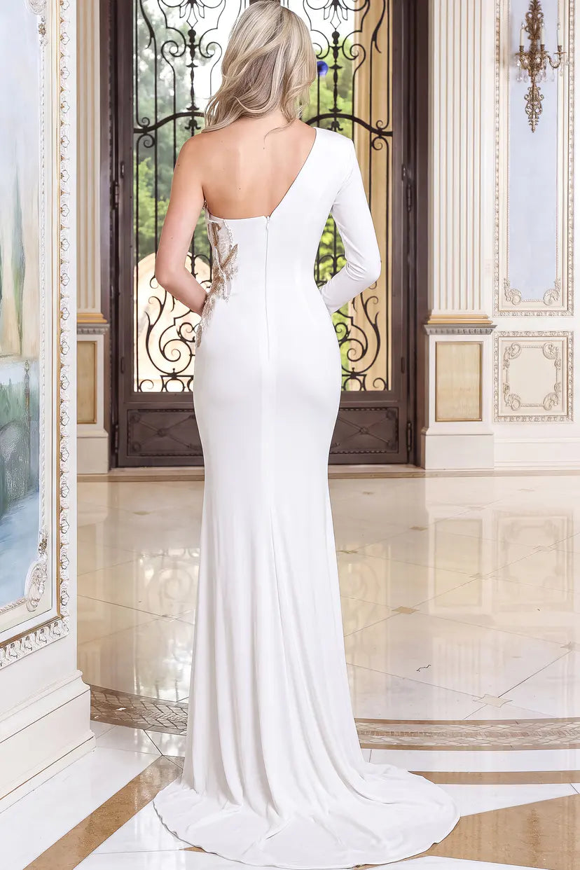 Jovani 45490 one sleeve evening gown back view with diagonal neckline and train