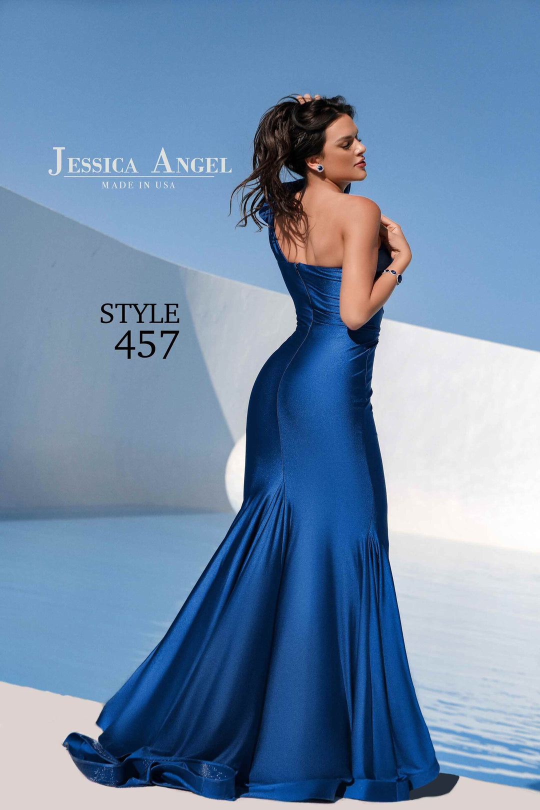 Jessica Angel 457 one shoulder evening gown back view