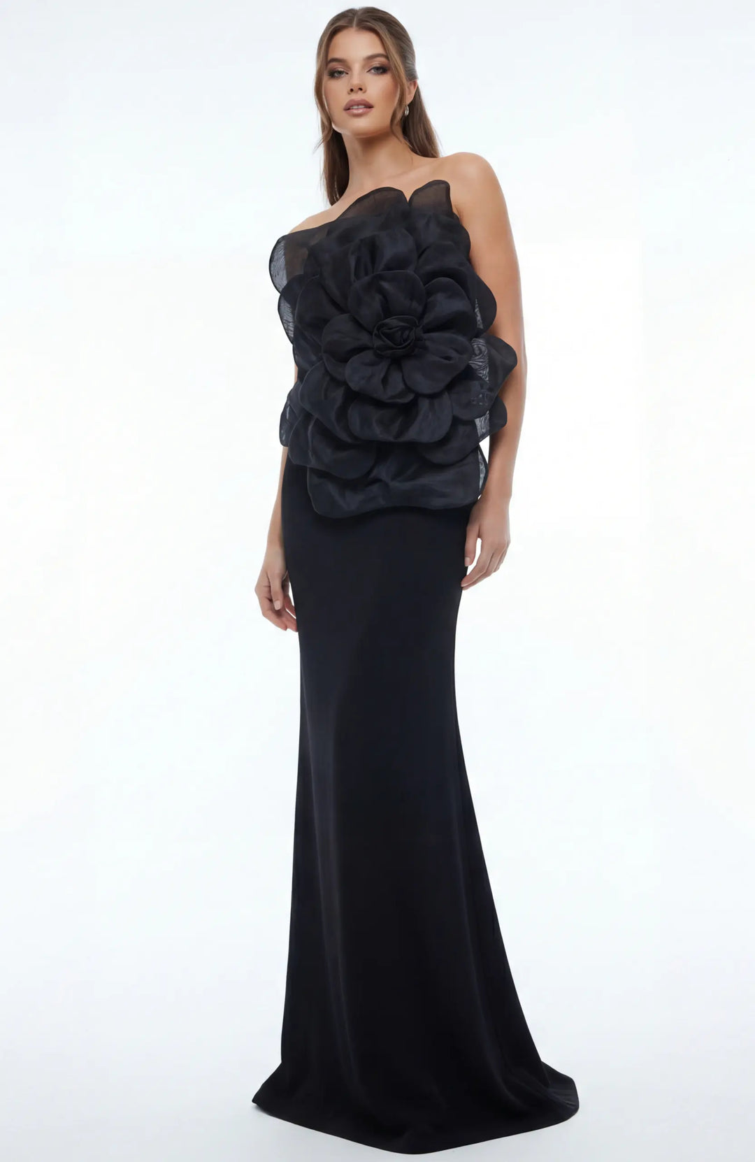 Jovani 45922 strapless column gown with floral appliqué front view