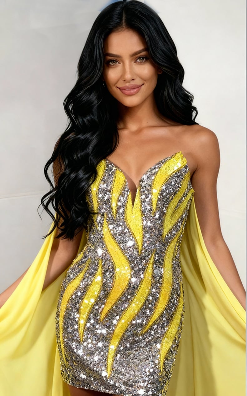 Jovani 46072 strapless sweetheart mini dress with floor length cape