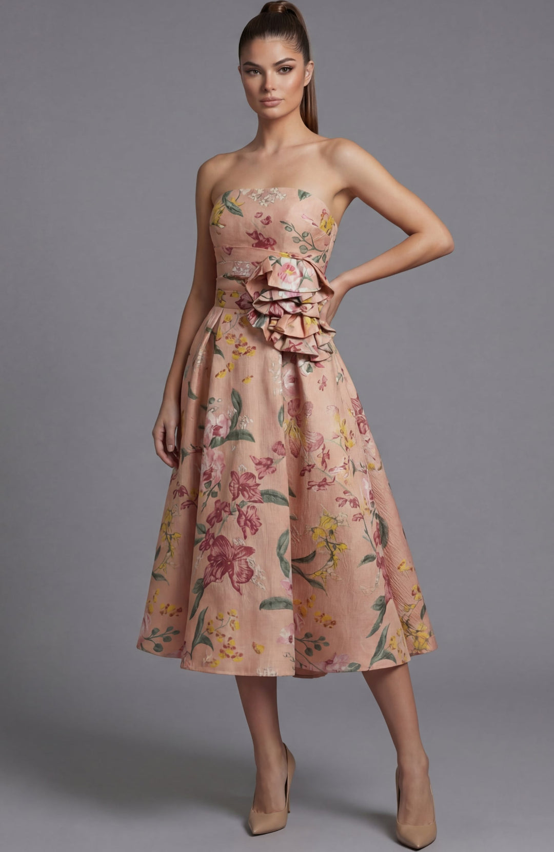 Jovani 46241 floral A-line midi dress